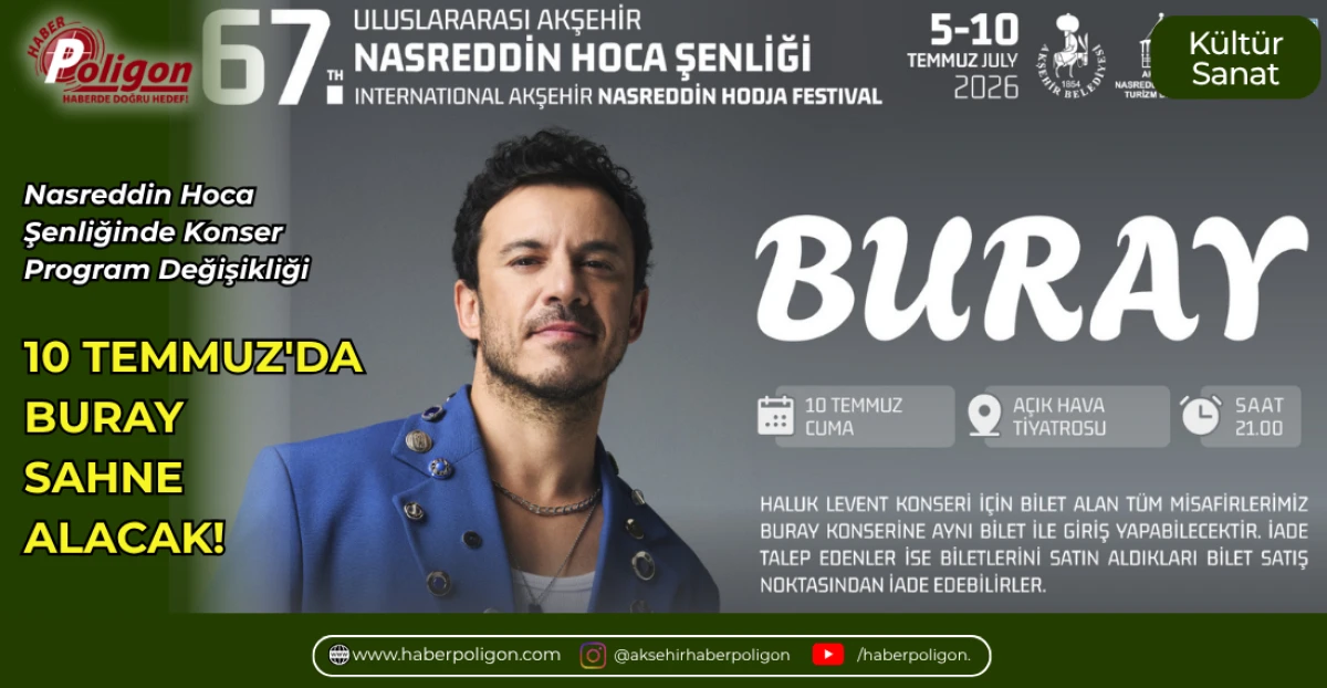 NASREDDİN HOCA ŞENLİĞİNDE KONSER PROGRAM DEĞİŞİKLİĞİ; 10 TEMMUZ'DA BURAY SAHNE ALACAK!